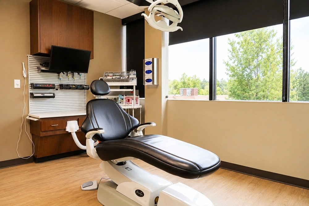 Dental treatment room with reclining chair and mounted equipment