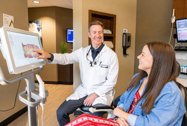 Dentist showing an iTero 3D digital teeth scan to a smiling patient on a computer monitor
